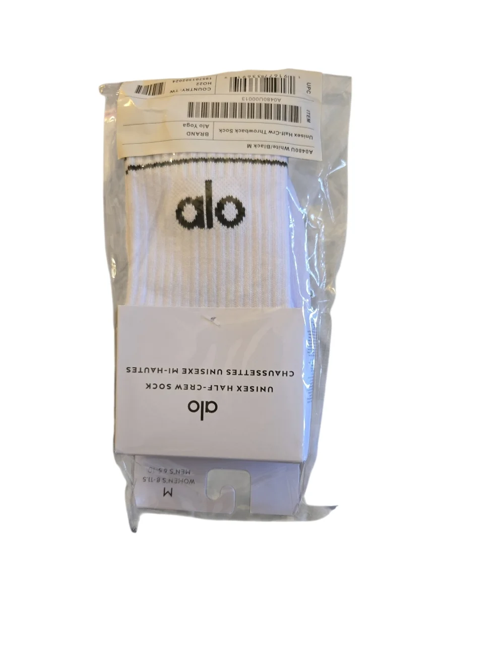NWT Alo Yoga Half Crew Throwback Socks White With Black Logo Unisex Medium